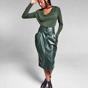 NWT INC Green Faux Leather Button-Front Midi Skirt